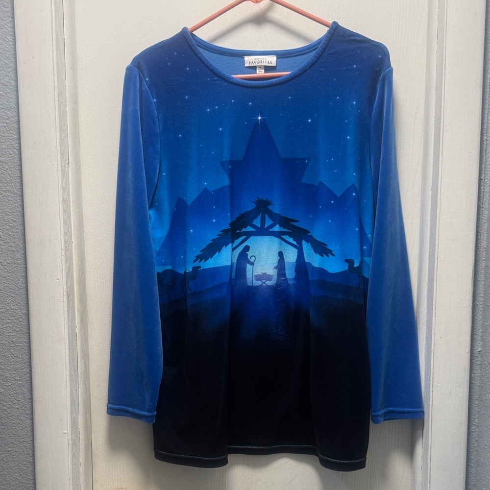 Blue Velvet Nativity Scene Long Sleeve Top